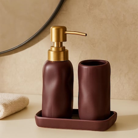 Komplet łazienkowy ze złotą pompką 400 ml 17x14x11 cm FLIKA bordowy