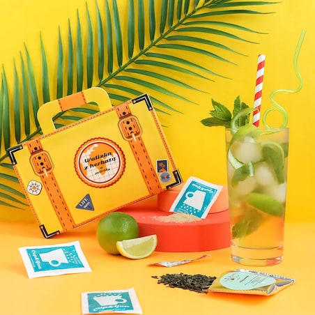 ZESTAW MIX 14 HERBAT SYPANYCH DO PODRÓŻY NA ZIMNO LUB NA GORĄCO + CUKIER I ZAPARZACZ - PREZENT UPOMINEK DLA KOBIETY FACETA