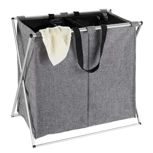 Kosz materiałowy na pranie DUO z 2 przegrodami, składany pojemnik z aluminiowym stelażem, WENKO