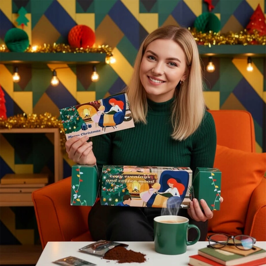 ŚWIĄTECZNY CRACKER COFFEE MOOD Z KAWĄ SMAKOWĄ PREMIUM 10 SMAKÓW W SASZETKACH + POCZTÓWKA - PREZENT UPOMINEK NA MIKOŁAJA ŚWIĘTA GWIAZDKĘ BOŻE NARODZENIE POD CHOINKĘ DLA KOBIETY FACETA