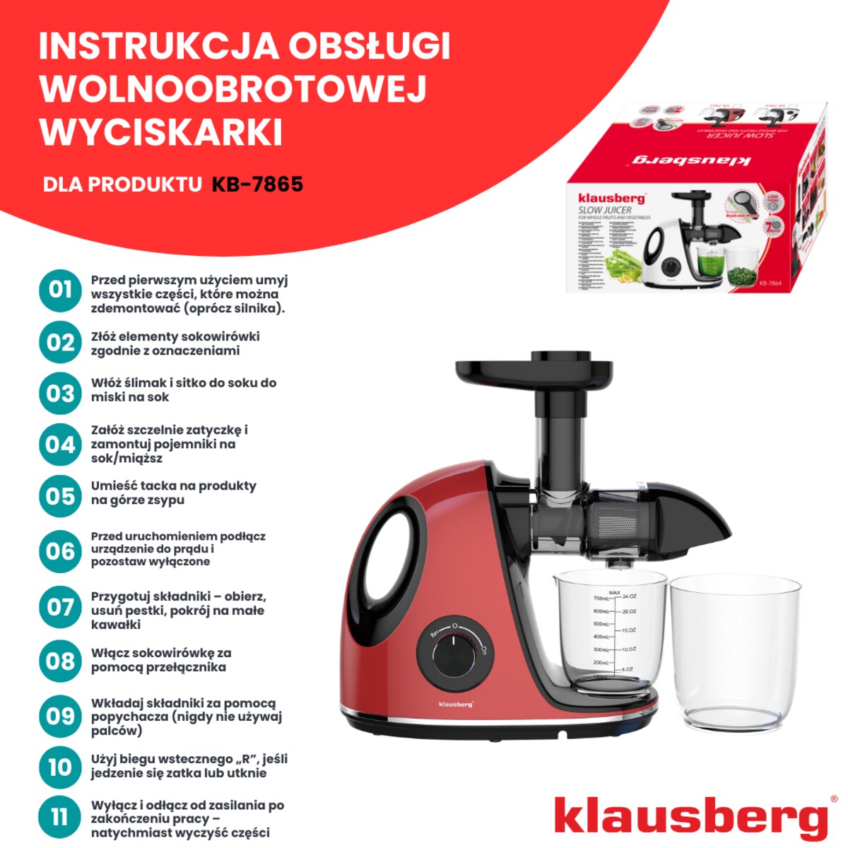 Sokowirówka wolnoobrotowa 150W do owoców i warzyw COLD PRESS KLAUSBERG KB-7865