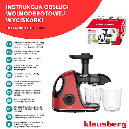 Sokowirówka wolnoobrotowa 150W do owoców i warzyw COLD PRESS KLAUSBERG KB-7865