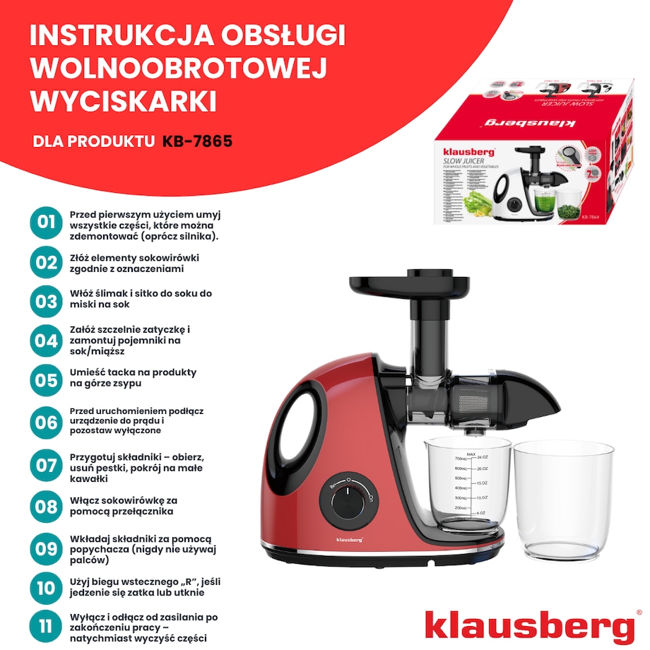 Sokowirówka wolnoobrotowa 150W do owoców i warzyw COLD PRESS KLAUSBERG KB-7865