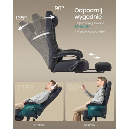 Fotel gamingowy biurowy z podnóżkiem 150 kg atramentowo czarny