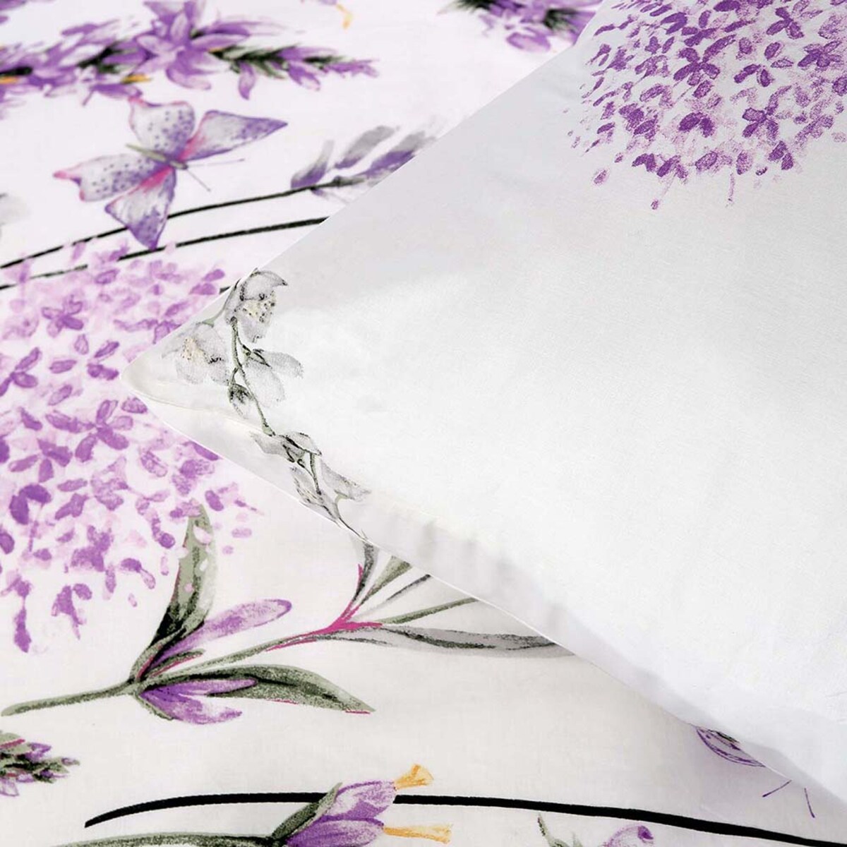 Pościel bawełniana 180x200 Lavenda biała z motywem fioletowej lawendy, Cottonlove