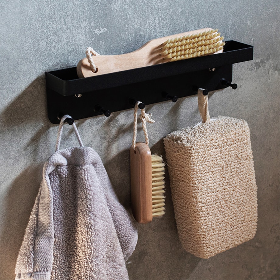 Wieszak ścienny z półką na klucze akcesoria czarny metalowy haczyki
