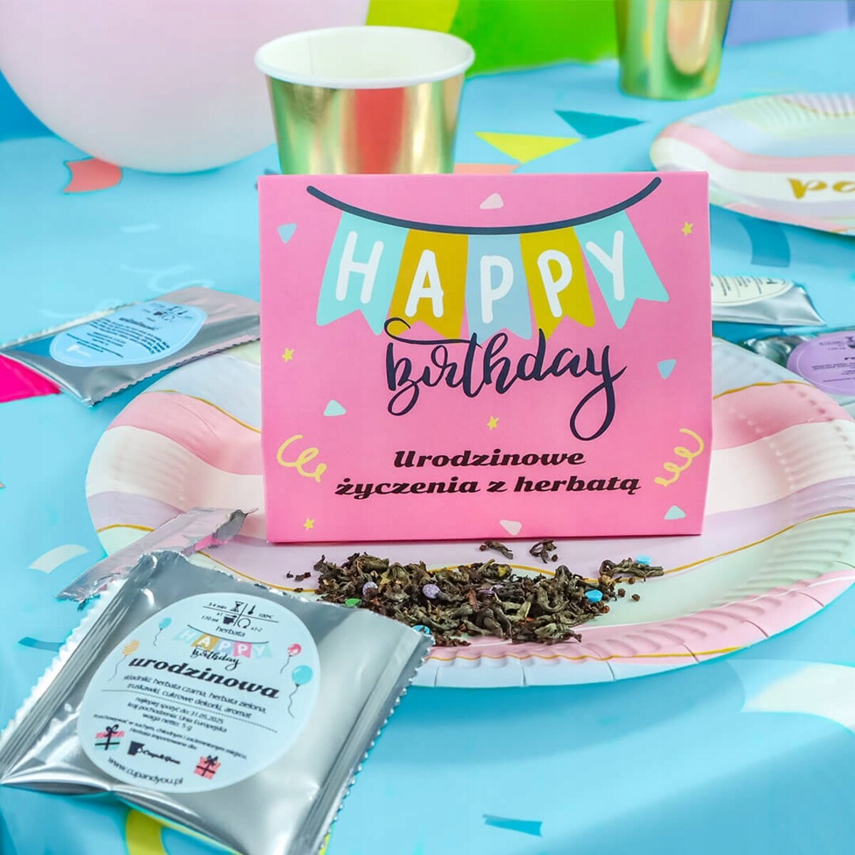 Drobny urodzinowy zestaw prezentowy torebka pudełko z herbatami sypanymi - 5 różnych smaków w saszetkach po 5g - prezent dla kobiety żony dziewczyny mamy niej