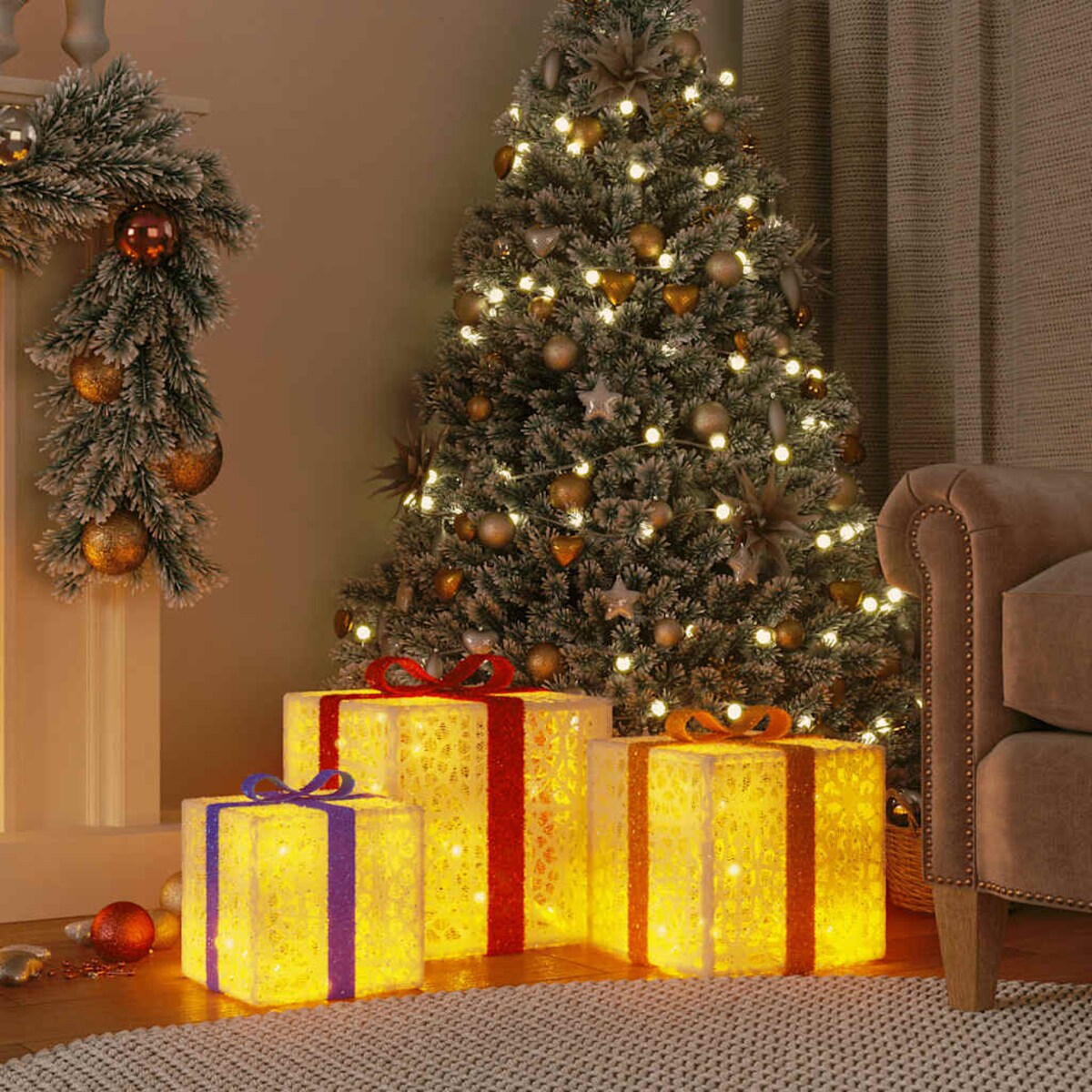 vidaXL Podświetlane prezenty świąteczne, 3 szt., 64 LED, ciepła biel