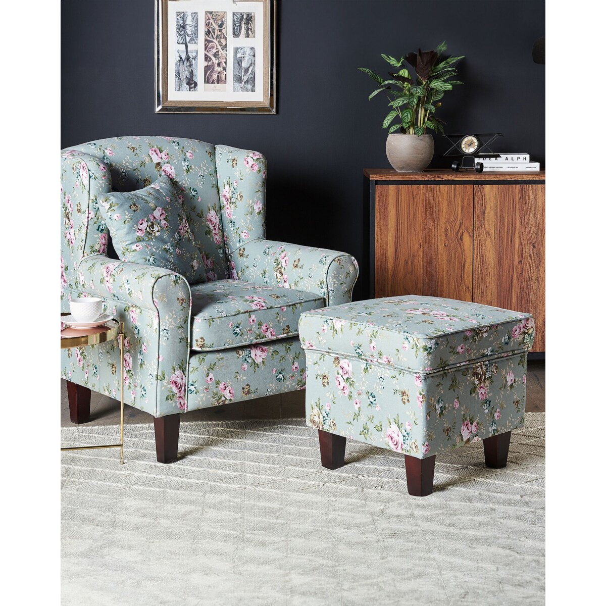 Fotel uszak z podnóżkiem w kwiaty zielony HAMAR