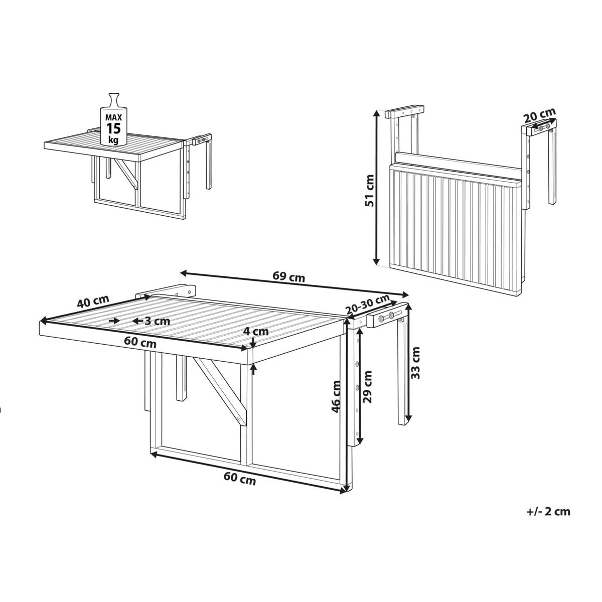 Stolik balkonowy wiszący akacjowy 60 x 40 cm jasne drewno UDINE