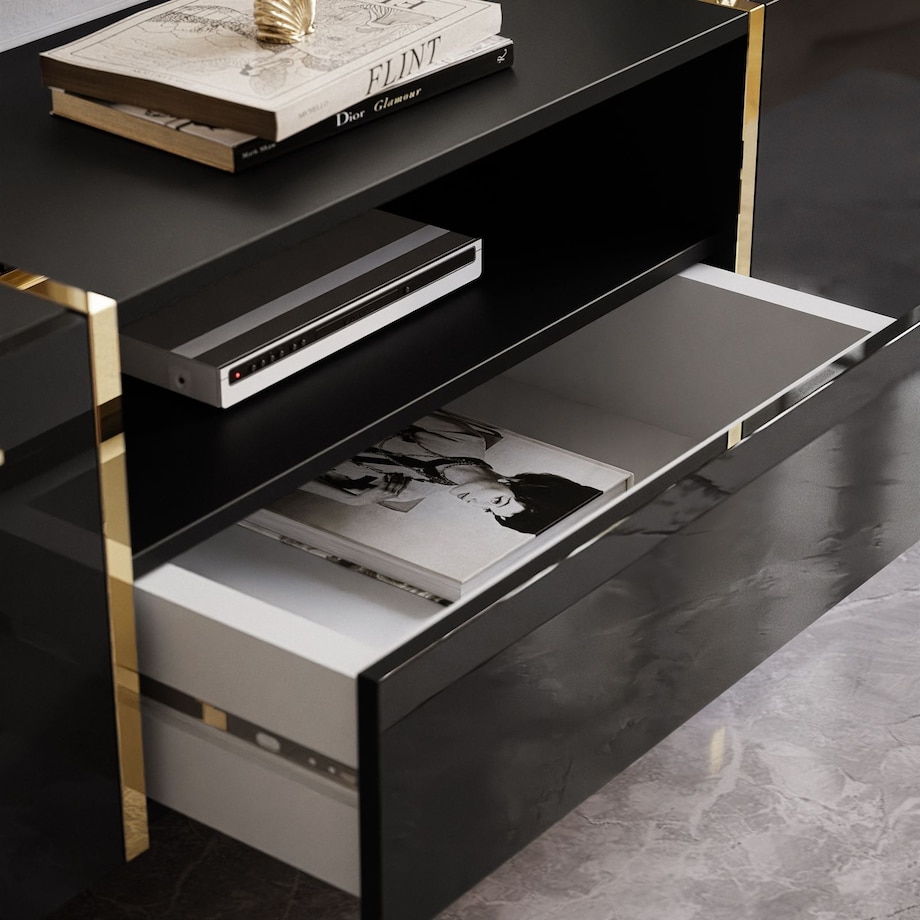 Szafka RTV ONYX na złotych nóżkach wysoki połysk 158 cm, czarny połysk, push-to-open
