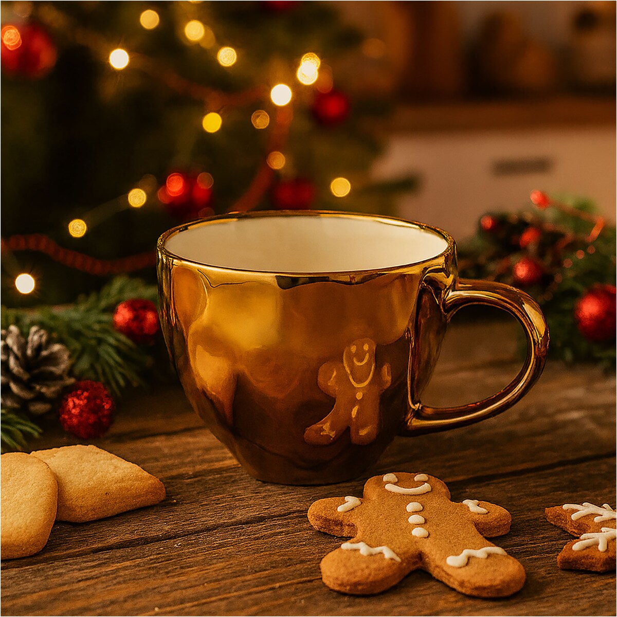 Kubek Z Uchem Świąteczny Porcelanowy Złoty 350 Ml