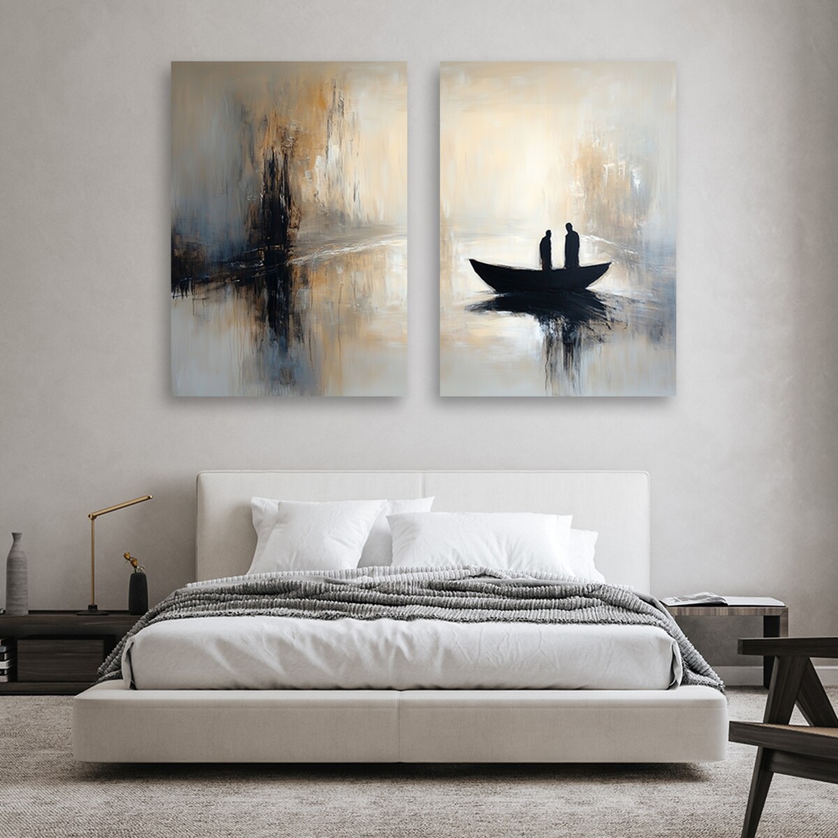 Duży Zestaw 2 obrazów do salonu sypialni loftu biura Beżowa abstrakcja łódka i postacie 160x120 (2x80x120)