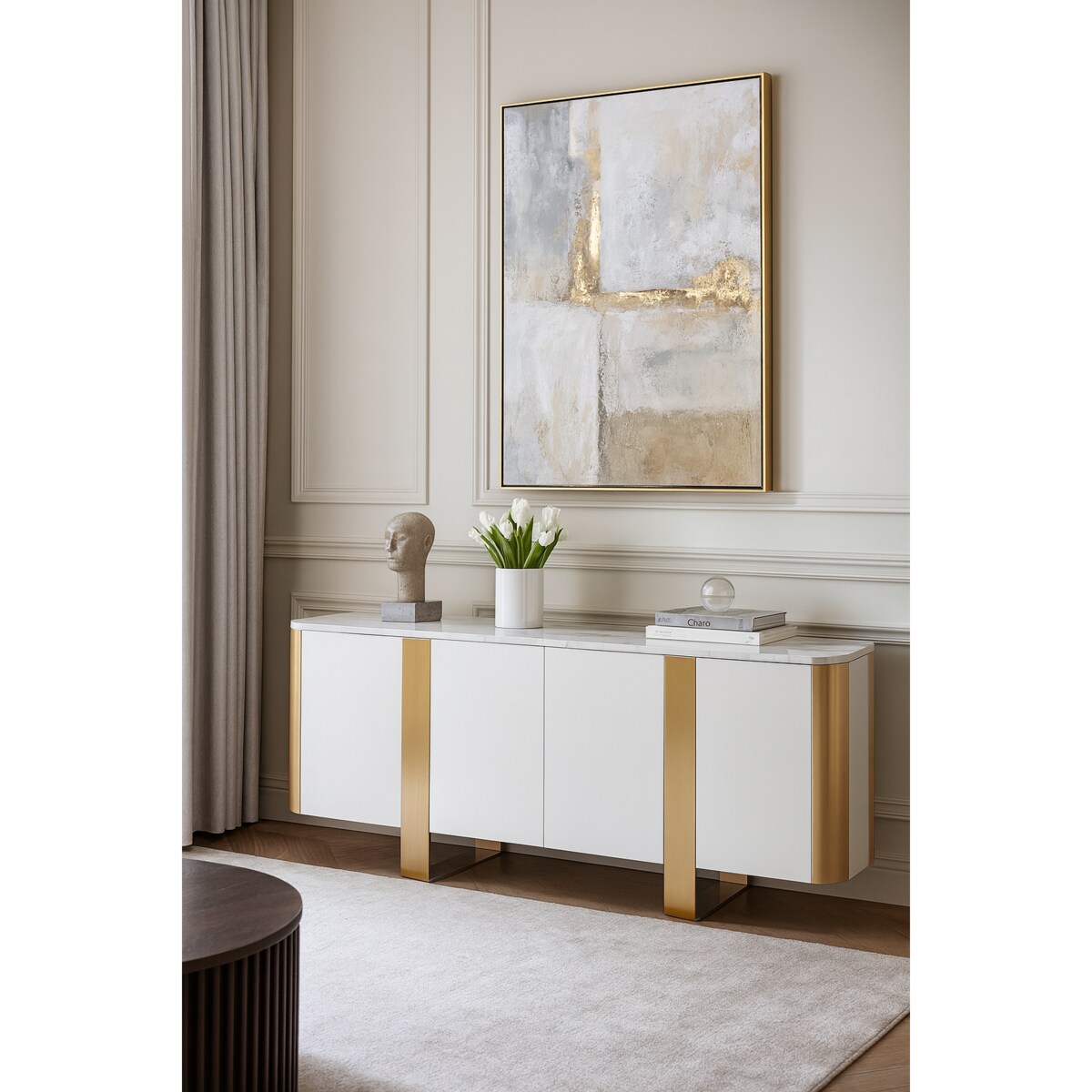 Szafka RTV złota Ola Glamour Premium z blatem marmurowym 200x40x85