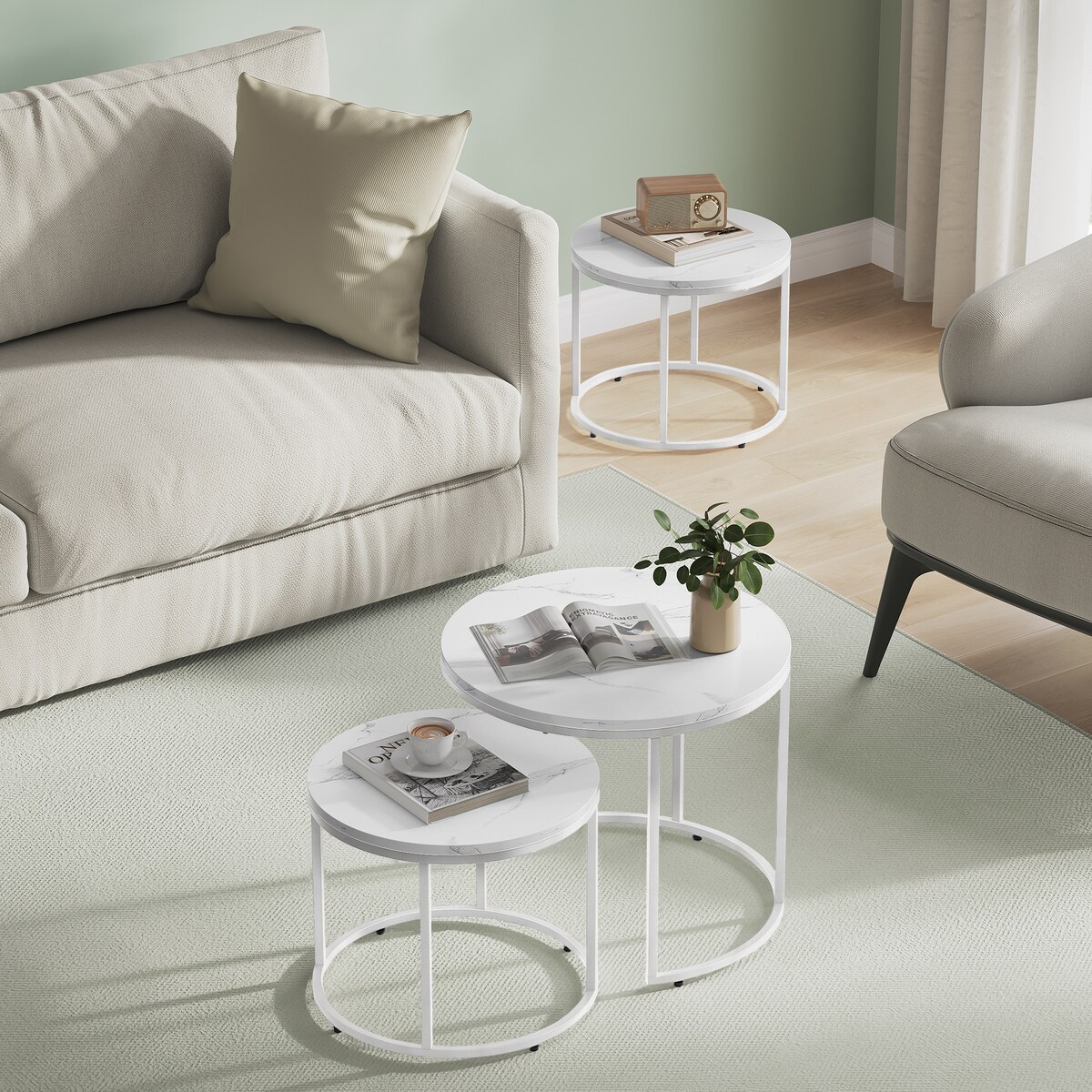 Stolik Kawowy Okrągły elegancki idealny do salonu 2 Sztuki - Marmur / Nogi Białe