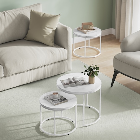 Stolik Kawowy Okrągły elegancki idealny do salonu 2 Sztuki - Marmur / Nogi Białe