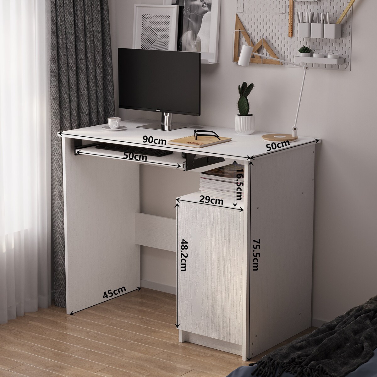 Nowoczesne biurko komputerowe z półką pod klawiaturę białe z szafką loft