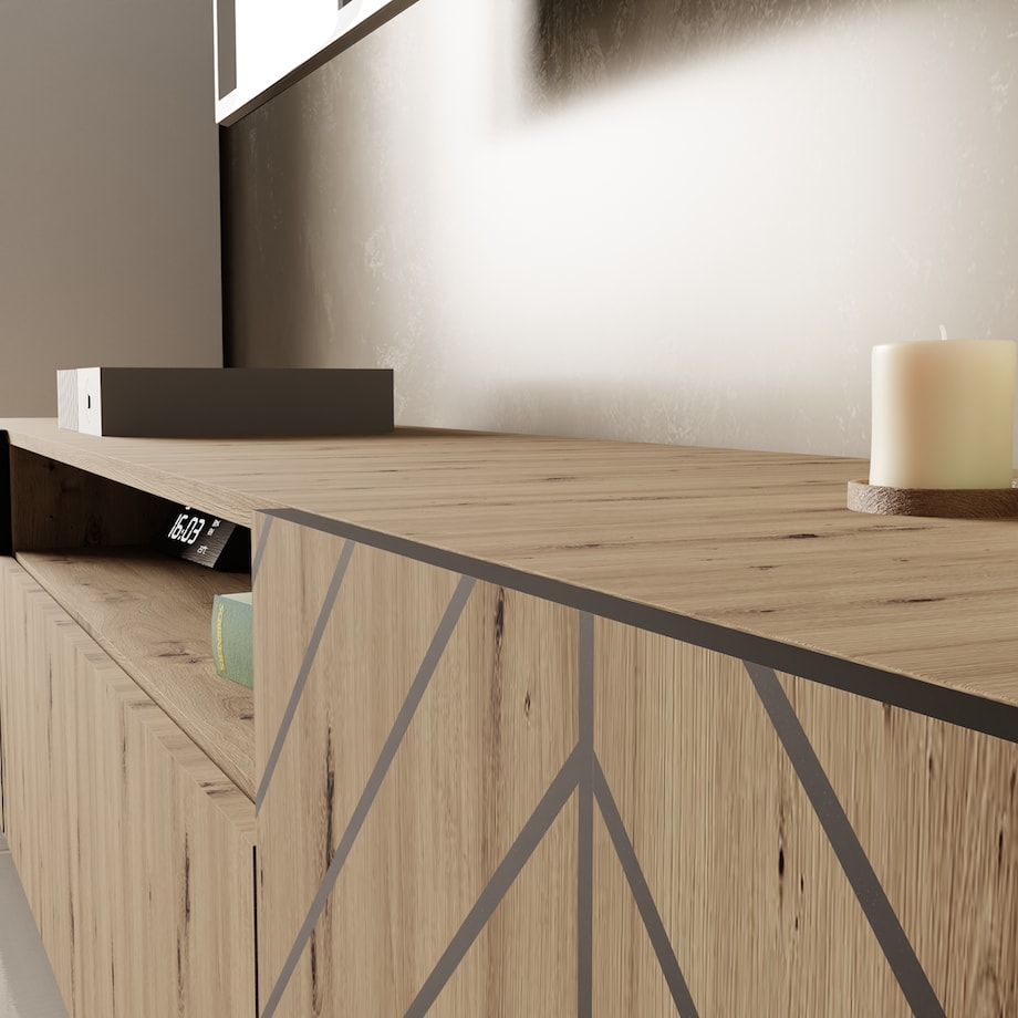 Szafka RTV IGO 200 cm wisząca, do salonu, wzór jodełka- artisan