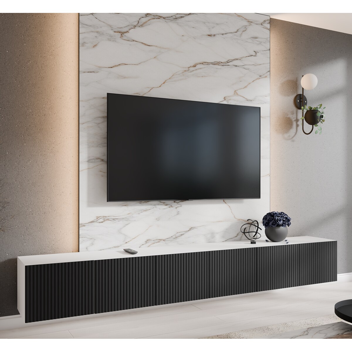 Szafka RTV NOELI 300 cm zamknięta do salonu, ryflowana- biały+czarny