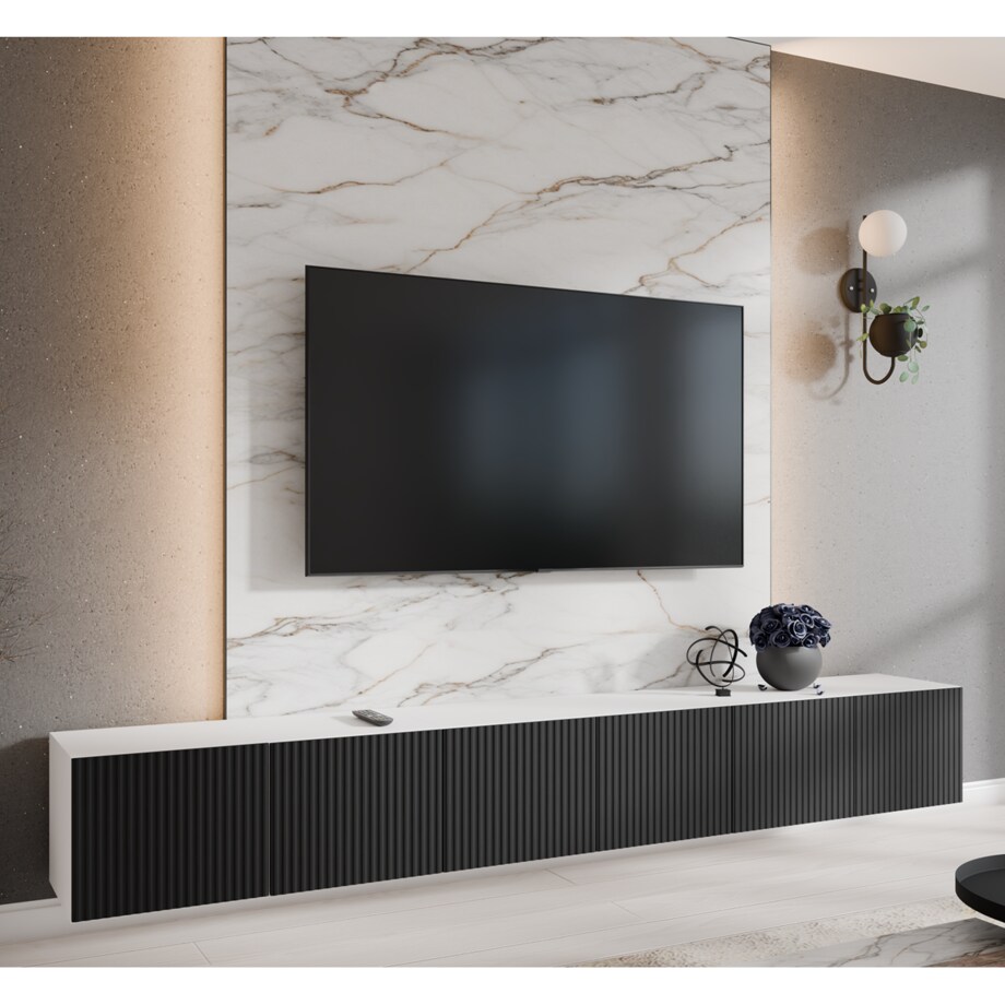 Szafka RTV NOELI 300 cm zamknięta do salonu, ryflowana- biały+czarny