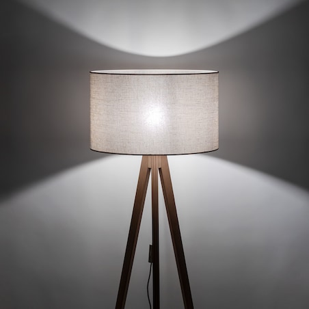 Lampa Podłogowa Drewniana Viga Shade Sosna Trójnóg Lniany Abażur