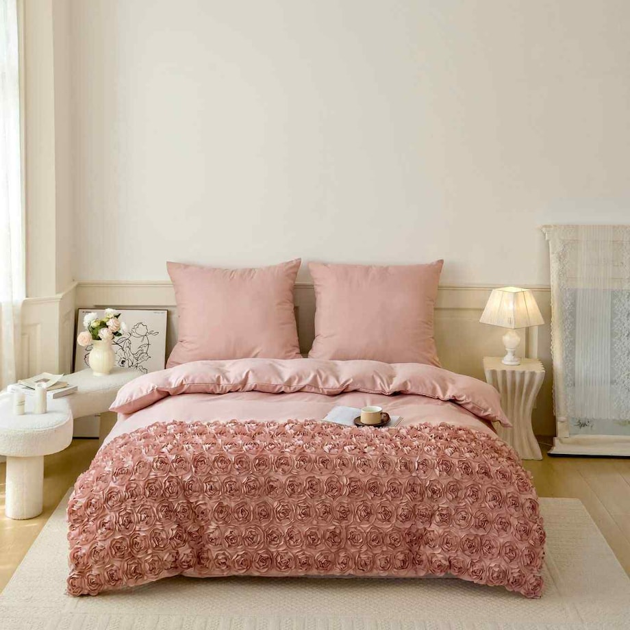 komplet pościeli "bella rosa" z aplikacją 3d róże mikrofibra 200x220 | róż