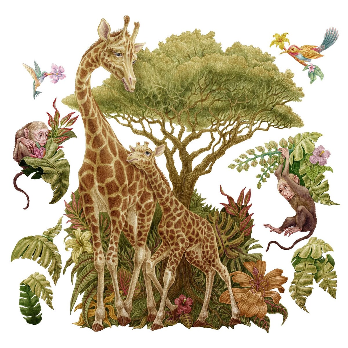 Zestaw naklejek na ścianę, Dzikie zwierzęta roślinność, 80cm