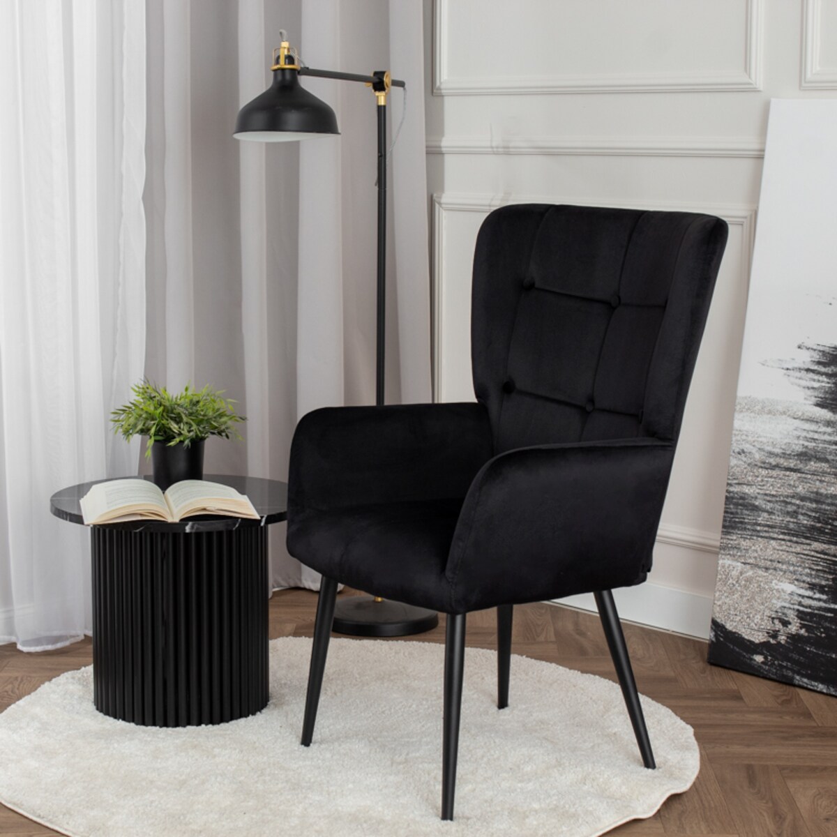 Fotel do salonu wypoczynkowy uszak czarny welurowy wygodny tapicerowany