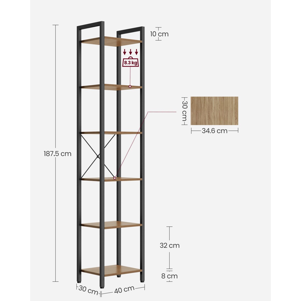 Regał 40X30X187,5 Cm Sonoma
