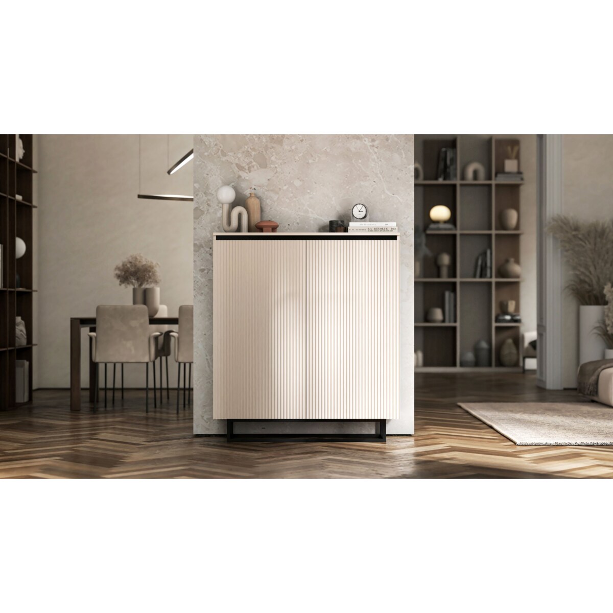 Komoda Glamour Szafka RTV Kaszmir MAT ryflowane fronty czarny stelaż 110,8 cm