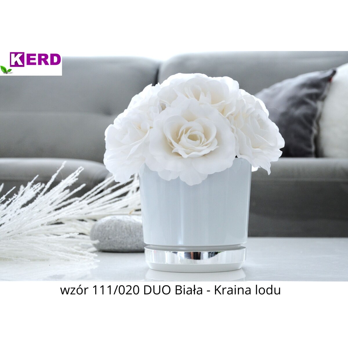 21 Doniczka DUO BIAŁA z podstawką KRAINA LODU dwukolorowa nowoczesna z połyskiem elegancka efekt lustra srebrna minimalizm