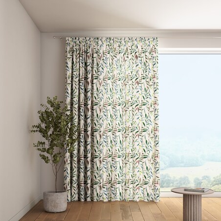 Zasłona na taśmie marszczącej 1 szt. 130x245 zielone gałązki na białym tle