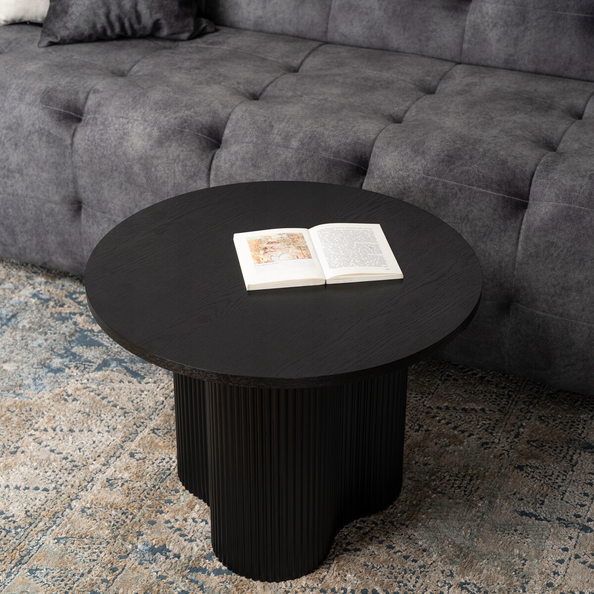 Stolik Kawowy Okrągły Mały Czarny Ryflowany Loft Nowoczesny Ława DERIAN
