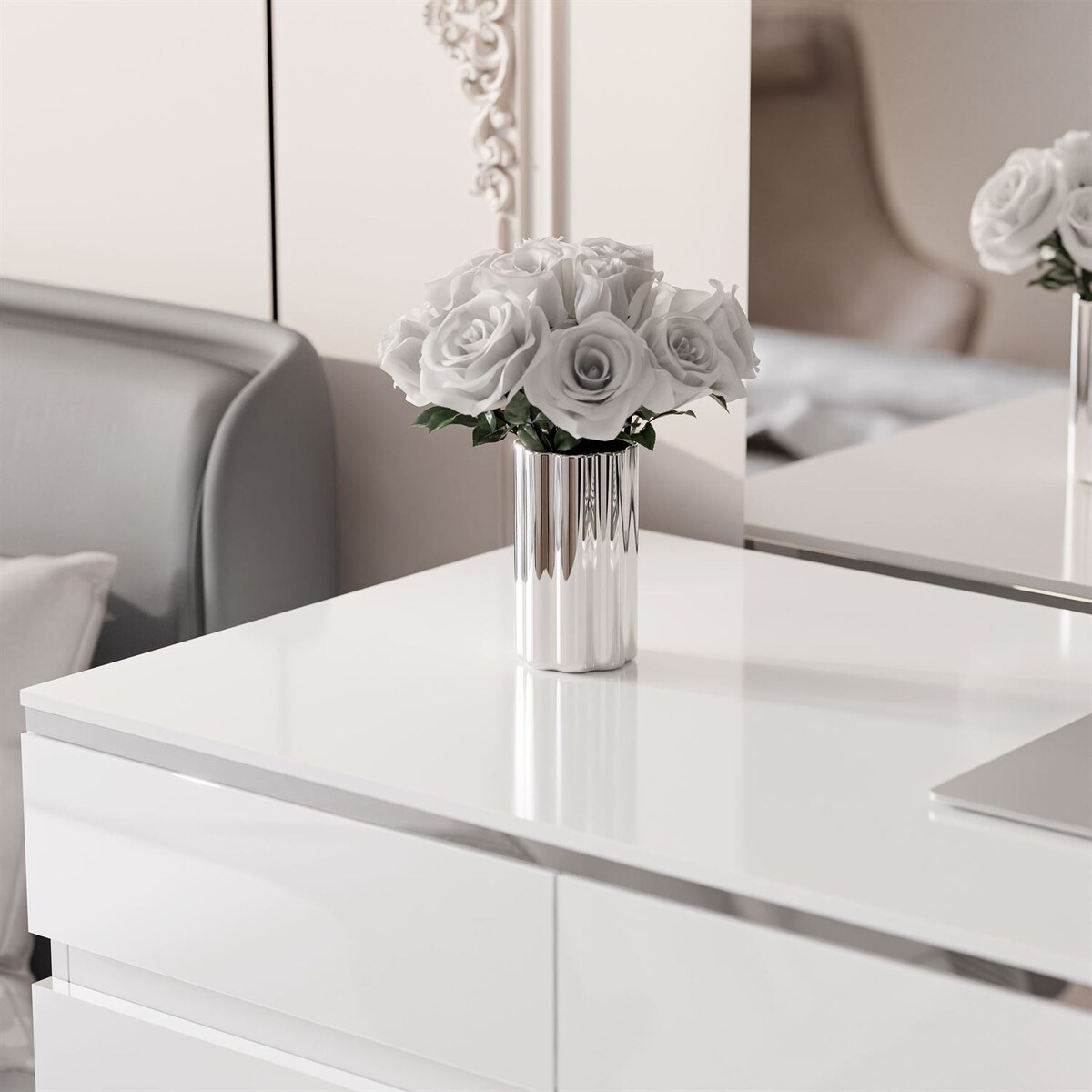 Biurko AURORA SILVER z szufladami biay połysk