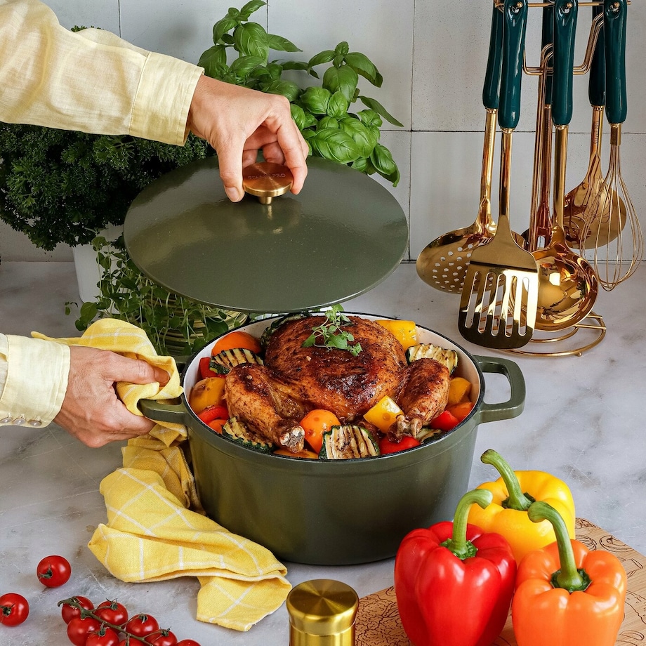 Gęsiarka żeliwna emaliowana brytfanna garnek 5 L okrągła ZIELONA na święta