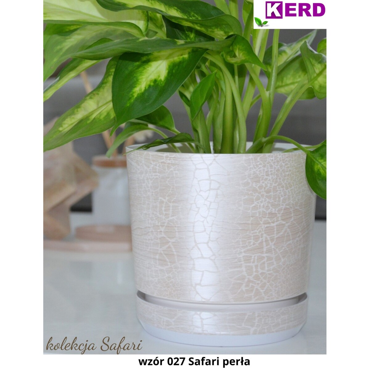 16 cm wzór SAFARI PERŁA Doniczka z podstawką efekt drewna tekstura bielonej deski niezwykły deseń