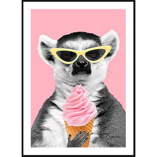 Poster Story, Plakat, Obraz - Lemur z Różowym Lodem, wymiary 21 x 30 cm