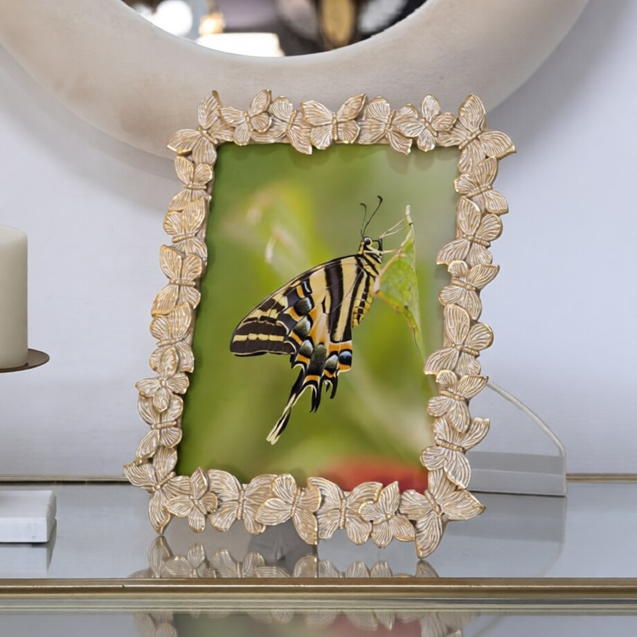Ramka na zdjęcia Farfalle Glod, zdjęcie 20 x 25 cm, kolor złoty, żywica syntetyczna i szkło, rama 27,5 x 2,6 x 32,5 cm, Mauro Ferretti