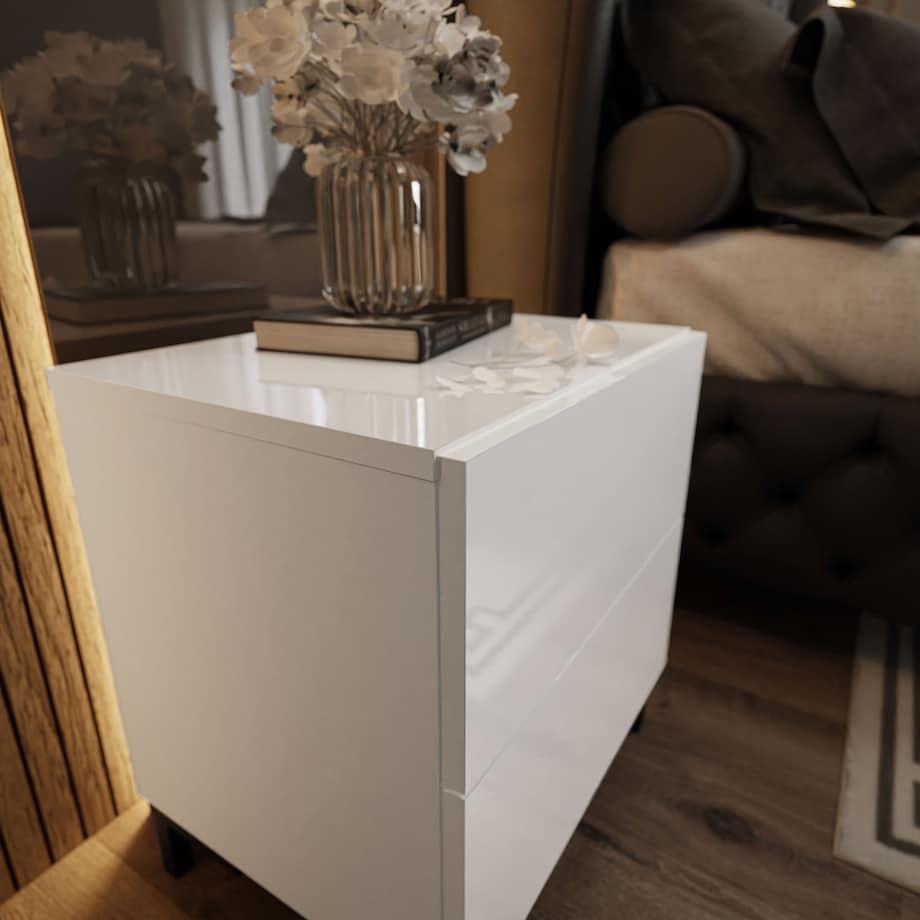 Lukmebel Stolik nocny LINA LUX 45x50x38,5 cm biały połysk z LED