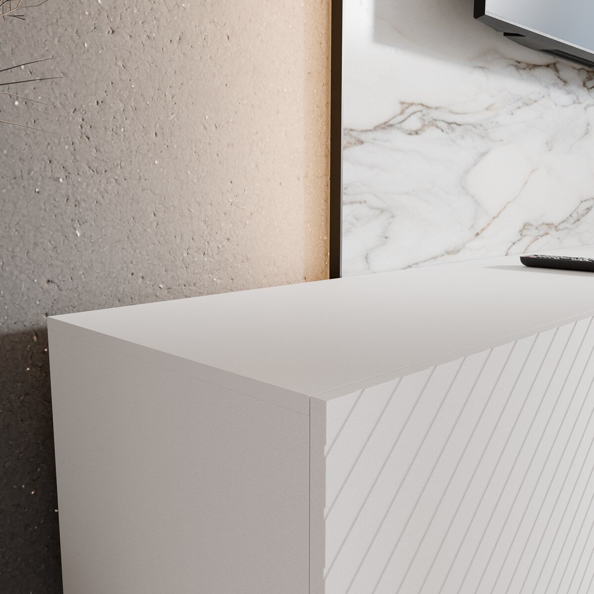 Szafka RTV NIKOL 300 cm pod telewizor, frezowane fronty, zamknięta-biała