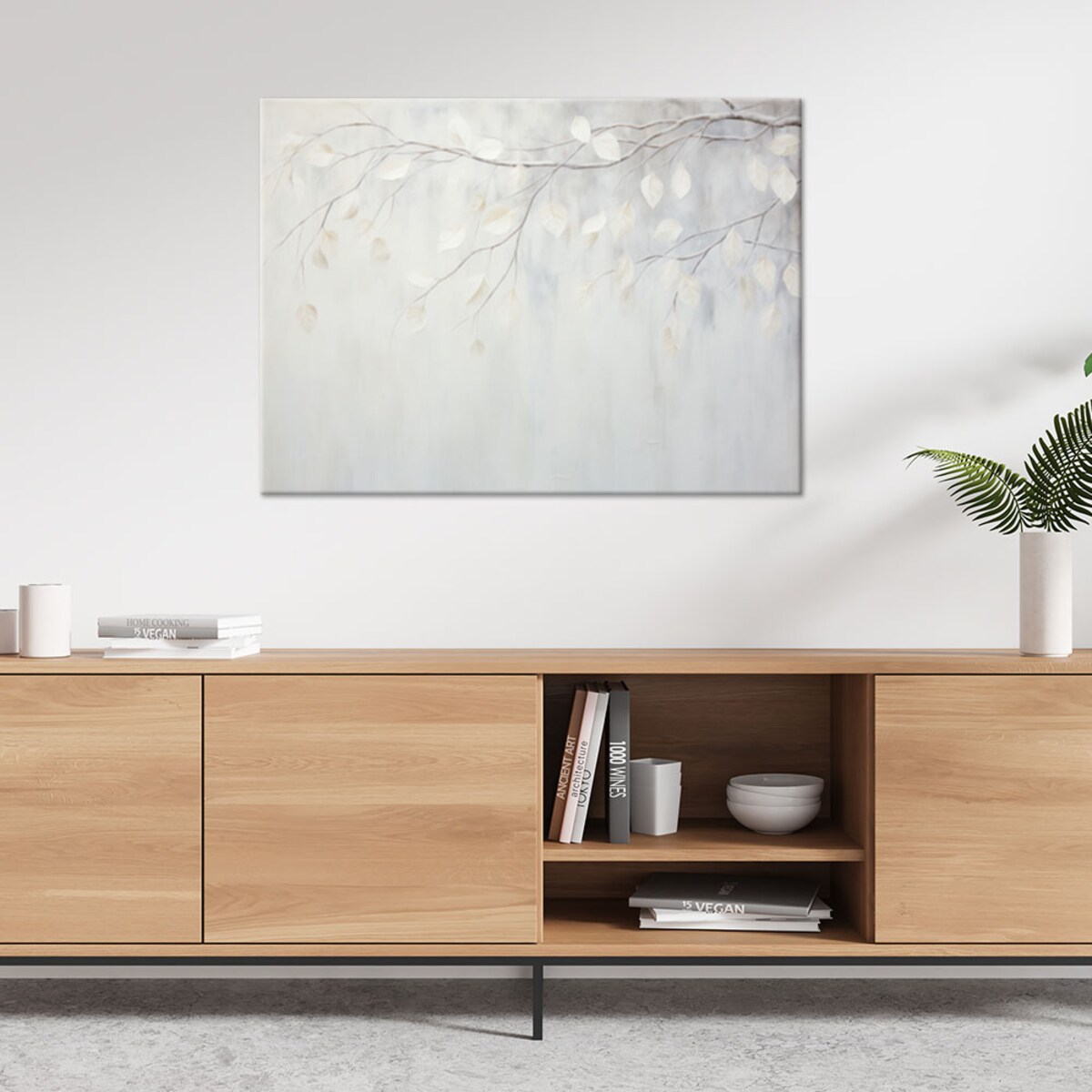 Obraz do salonu sypialni Beżowe liście rośliny gałązki natura beton boho 120x80