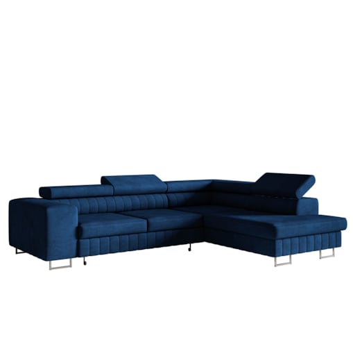 Narożnik NOLA do salonu, na srebrnych nogach-prawostronny- welur, granatowy