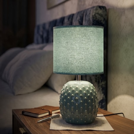 Lampa stołowa Pontus, kolor jasnoniebieski, ceramika i żelazo, 14 x 14 x 27 cm, 1 x E14, styl nowoczesny, do salonu i sypialni, Mauro Ferretti