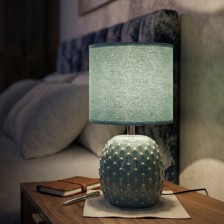 Lampa stołowa Pontus, kolor jasnoniebieski, ceramika i żelazo, 14 x 14 x 27 cm, 1 x E14, styl nowoczesny, do salonu i sypialni, Mauro Ferretti