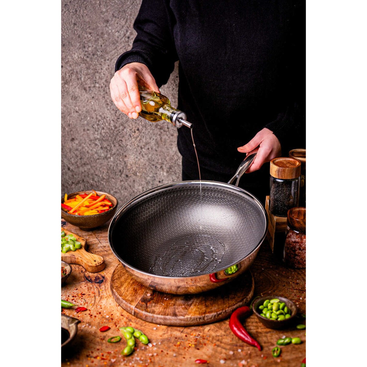 Profesjonalna patelnia ceramiczna Kanso Wok 30 cm z pokrywką Plaster miodu Na indukcje Na gaz Nierdzewna