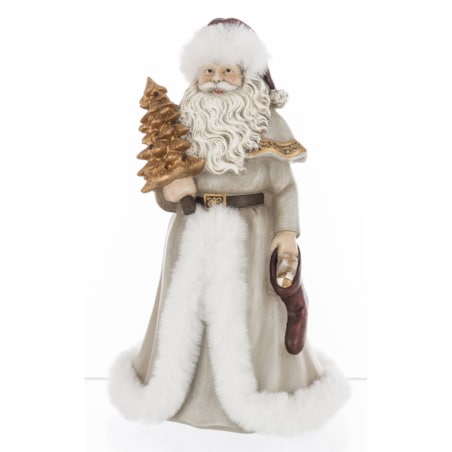 Mikołaj w płaszczu obszytym białym futrem ze złotą choinką i skarpetą z prezentami 22x14x14 cm