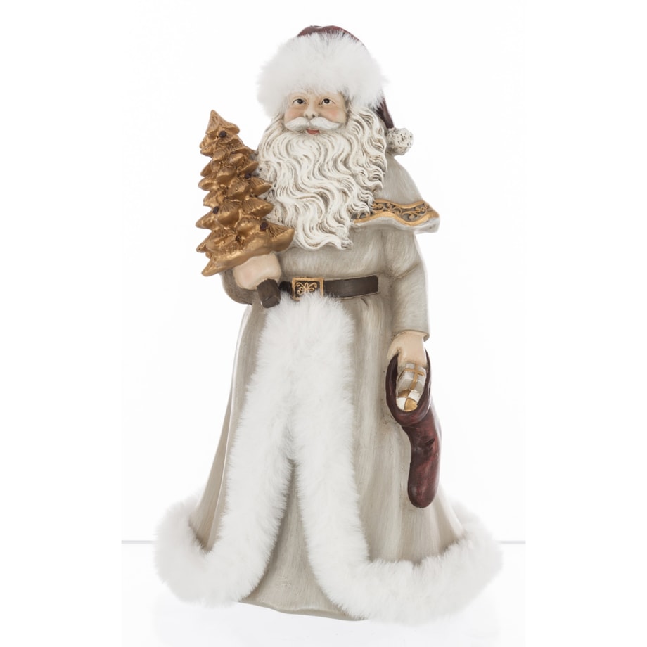 Mikołaj w płaszczu obszytym białym futrem ze złotą choinką i skarpetą z prezentami 22x14x14 cm
