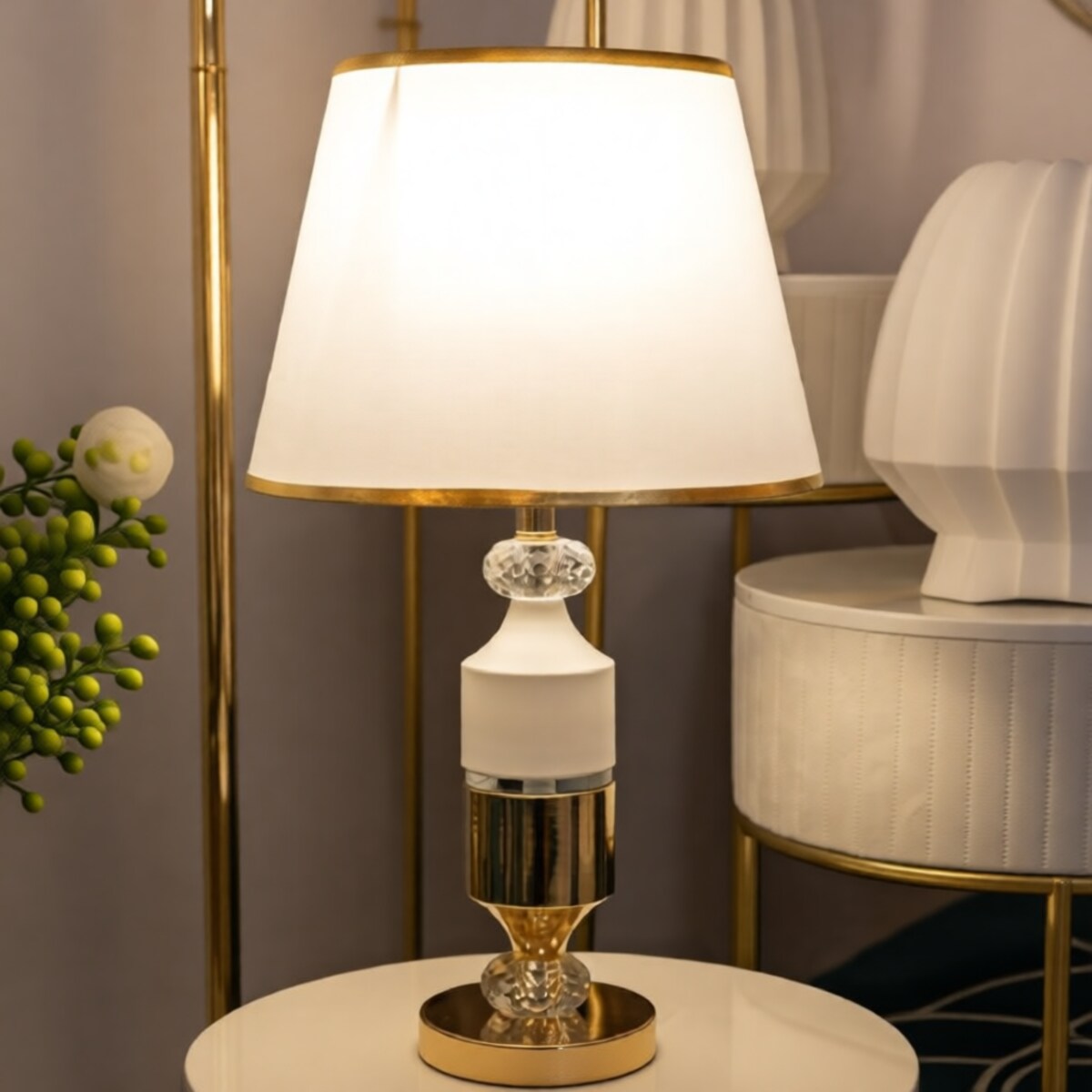 Lampa stołowa Gipsy, kolor złoty i biały, żelazo i tkanina, 30 x 30 x 52 cm, 1 x E27, styl glamour, do salonu i sypialni, Mauro Ferretti