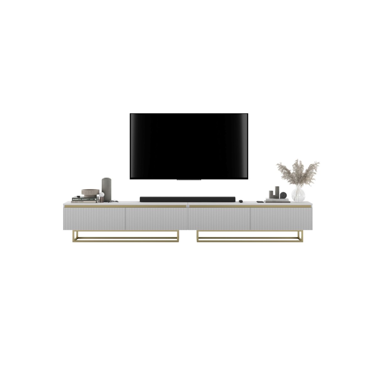 Nowoczesna Szafka RTV Glamour Komoda RTV Biały Mat 280 cm złote akcenty