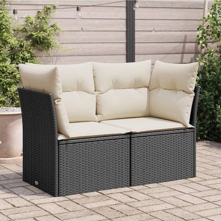 vidaXL Sofa ogrodowa z poduszkami, 2-osobowa, czarna, polirattan
